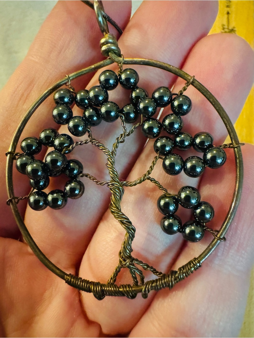 Handmade Tree of Life Pendant Necklace in Hematite Black